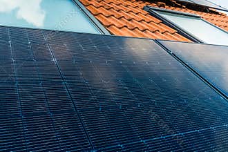 Photovoltaic panels on the roof of family house, solar panels