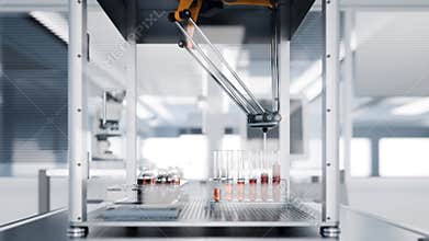 Lab grown beef in test tubes: Conceptual in-vitro meat production with pick and place robot - 3D render