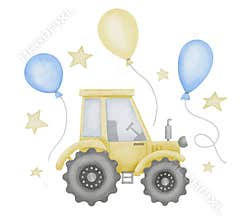 Tractor with Balloons Watercolor illustration. Hand drawn clip art of agrimotor car toy on isolated background. For boy