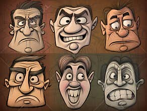 9 cartoon character faces in hand-drawn style