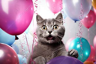 surprised little cat on solid bright background with colorful balloons.