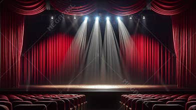 showtime background. theater stage with red curtains opening. Generative AI