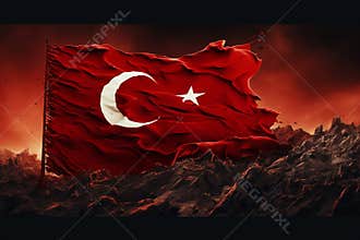 Turkish flag symbol of Republic of Turkey red cloth with a white crescent moon and a five pointed star. important