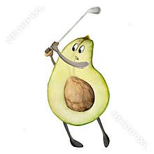 Hand drawn watercolor cute avocado character playing golf, swinging club to hit the ball. Fitness health. Illustration