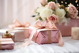 decorative wedding presents on a table with floral arrangement