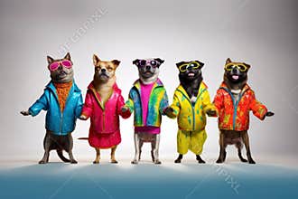 Funny dogs in colorful clothing and sunglases standing together. Generative AI