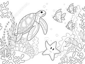 Sea turtle swims among algae and other fish. Coloring book, raster children illustration.