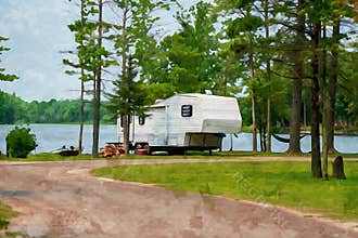 Digitally created watercolor painting of a camper parked in an RV park on the waterfront