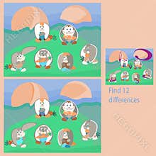 in the funny Rabbits on the Grass rebus for children up to 8 years old, find 12 differences