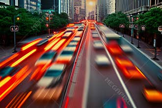 Sunset rush hour traffic in motion in big city digital painting illustration