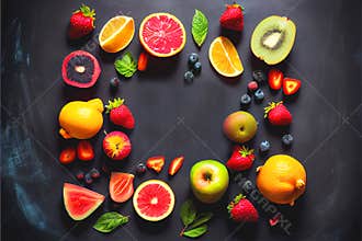 Colorful fruits vegetables and berries cut and sliced