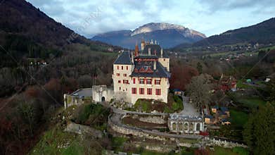 Most beautiful medieval castles of France - fairytale Menthon located near lake Annecy. aerial view