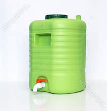 Washstand tourist plastic green on a white background. Washbasin with plastic faucet. Boiler for storing water