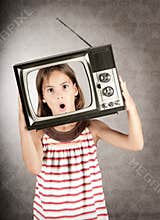 Girl with television on her head