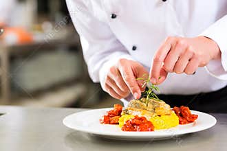 Female Chef in restaurant kitchen cooking