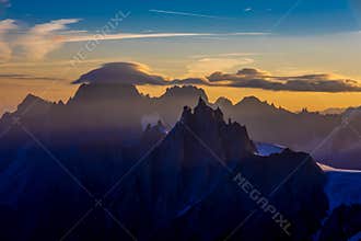 Aguille du Midi peak view from Montblanc at sunrise