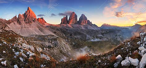Sunset mountain panorama in Dolomites - Tre Cime