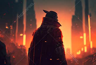 Superhero businessman looking at city skyline at sunset. Illustration Generative AI