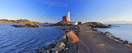Fisgard Lighhouse Landscape Panorama in Evening Light at Fort Rodd Hill National Historic Site, Vancouver Island, British Columbia