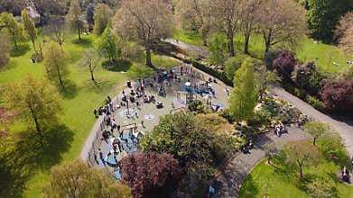 Famous St Stephens Green Park in Dublin from above - aerial view