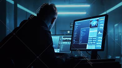 Computer Hacker in Hoodie. Obscured Dark Face. Hacker Attack, Virus Infected Software, Dark Web and Cyber Security