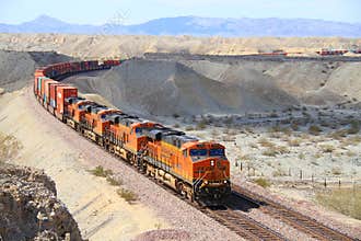 USA, California Arizona - Mojave Desert: Long BNSF Freight Train