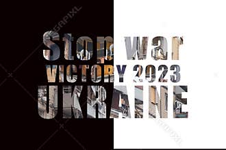 A house blown up by a Russian rocket in the city of Dnipro on Victory Street in Ukraine and text from the photo texture Victory