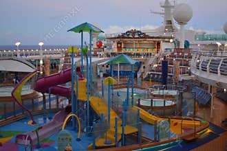 Colorful Water Park on Cruise Ship Deck at Sunset