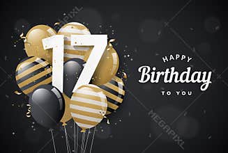 Happy 17th birthday balloons greeting card black background. 17 years anniversary. 17th celebrating with confetti.