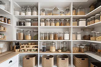 pantry with neat and organized shelves, showcasing cooking essentials