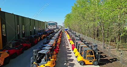 Loading equipment shop, aerial shot. New Forklifts