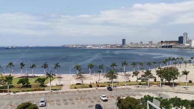 Aerial view of downtown Luanda, bay , Cabo Island and Port of Luanda, marginal and central buildings, in Angola