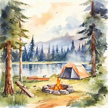 Watercolor Camping with tent and bonfire
