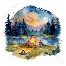 Watercolor Camping with tent and bonfire