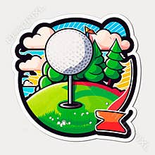 Close up golf ball on green grass field. Sports disciplines. cartoon vector illustration, white background, label, sticker