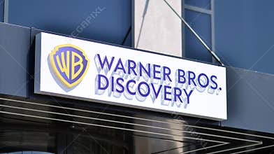 Warsaw, Poland. 21 May 2021. Sign Warner Bros. Discovery. Company signboard Warner Bros. Discovery
