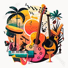 Poster for a summer live music festival or jazz party. Musical instruments, drum, guitar and piano. Cartoon vector illustration.