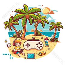 Children playing on the sandy beach by the sea. Summer holidays and fun. Cartoon illustration. white background, label, sticker