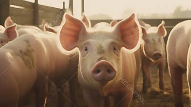 Pink Pigs in Open Barn at the Farm