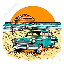 Holliday road trip by vehicle. A parked car on the beach with the setting sun in the background. cartoon vector illustration.