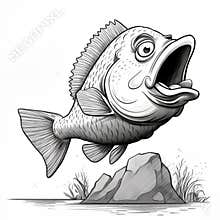 Aggressive Bass Fish Exploding: Cartoon Realism Line Drawing