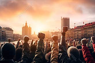Protestors fists raised up in the air.
