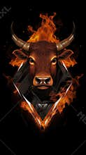 Bull head with fire flames on a black background.