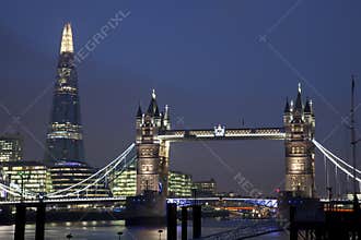 Tower Bridge and The Shard in London at Night