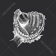 Catchers mitt and ball, vector hand drawn sketch