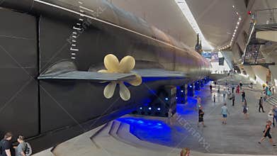 Russia, Kronstadt, 27 June 2023: Many people walk in the museum of Naval glory and look at the first nuclear submarine