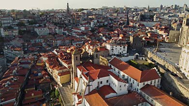 The Old City Of Porto In Portugal, Europe, 4K Aerial Skyline Drone View, Sunset. 20 august 2023