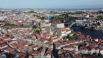 The Old City Of Porto In Portugal, Europe, 4K Aerial Skyline Drone View, Sunset. 20 august 2023