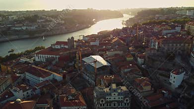 The Old City Of Porto In Portugal, Europe, 4K Aerial Skyline Drone View, Sunset. 20 august 2023