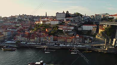 The Old City Of Porto In Portugal, Europe, 4K Aerial Skyline Drone View, Sunset. 20 august 2023